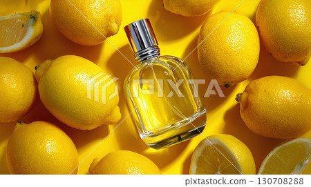 Bright perfume bottle surrounded by fresh lemons on a yellow background. Captures a citrusy, summery scent. Simple, clean, and refreshing presentation. Bright perfume bottle surrounded by fresh lemons on a yellow background. Captures a citrusy, summery scent. Simple, clean, and refreshing presentation. 130708288