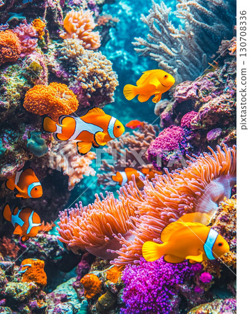 A vibrant underwater scene featuring colorful coral reefs, various species of fish including clownfish, and anemones, showcasing the diversity and beauty of marine life. 130708336
