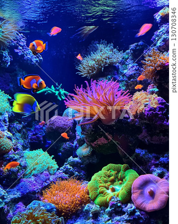 A vibrant underwater scene featuring colorful coral reefs, various species of fish including clownfish, and anemones, showcasing the diversity and beauty of marine life. 130708346