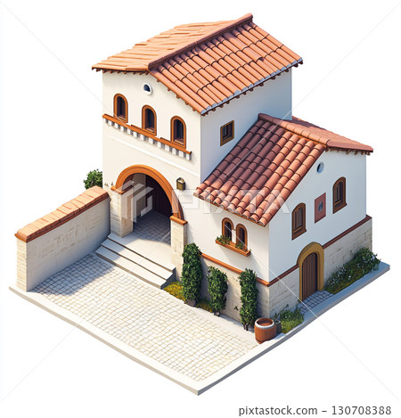 A Mediterranean-style house with white walls, red-tiled roofs, arched windows, and doors, surrounded by greenery and a paved driveway. Isolated on white background.  130708388