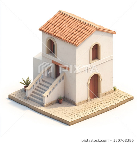 A Mediterranean-style house with white walls, red-tiled roofs, arched windows, and doors, surrounded by greenery and a paved driveway. Isolated on white background.  130708396