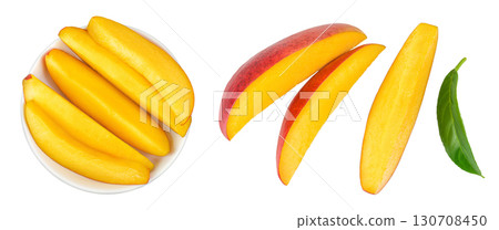 mango slices in ceramic bowl isolated on white background. Top view. Flat lay 130708450