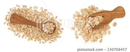 Oat flakes in wooden spoon and scoop isolated on white background with full depth of field. Top view. Flat lay 130708457