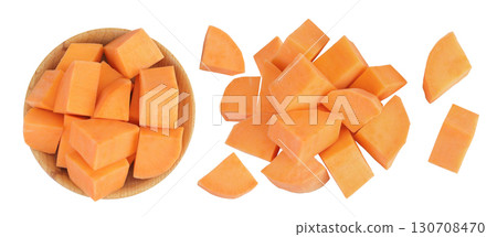 Sweet potato slices in a wooden bowl isolated on white background. Top view. Flat lay Sweet potato slices in a wooden bowl isolated on white background. Top view. Flat lay 130708470