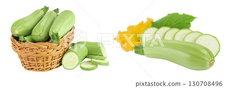 zucchini or marrow in a wicker basket isolated on white background with full depth of field 130708496