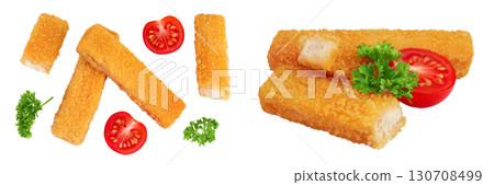Fish finger or stick isolated on white background with full depth of field. Top view. Flat lay. Fish finger or stick isolated on white background with full depth of field. Top view. Flat lay. 130708499