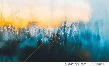 A blurry window with a blue and orange sky in the background 130708569