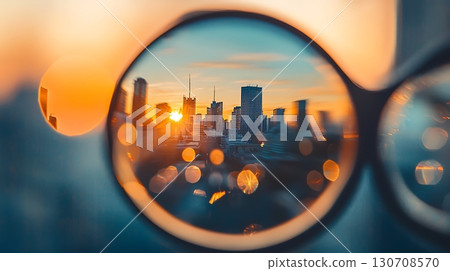 A city skyline is reflected in a pair of sunglasses 130708570