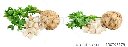 Fresh celery root with leaf isolated on white background. Top view. Flat lay. Fresh celery root with leaf isolated on white background. Top view. Flat lay. 130708579