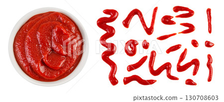 Red tomato sauce or ketchup in ceramic bowl isolated on white background . Top view. Flat lay 130708603