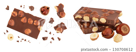 Chocolate with hazelnuts isolated on white background with full depth of field. Top view. Flat lay Chocolate with hazelnuts isolated on white background with full depth of field. Top view. Flat lay 130708612
