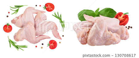 Raw chicken wings isolated on white background. Top view. Flat lay 130708617