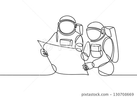 Two astronauts examining a map in continuous line art Two astronauts examining a map in continuous line art 130708669