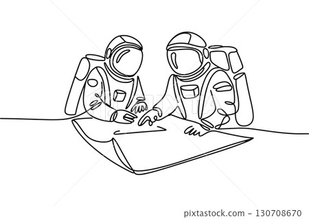 Two astronauts studying a map in continuous line art Two astronauts studying a map in continuous line art 130708670
