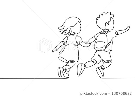 Two children running with backpacks in continuous line art 130708682