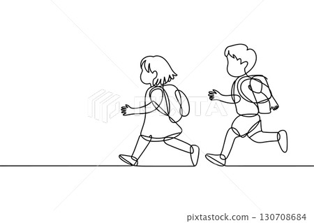 Two children running with backpacks in continuous line art 130708684