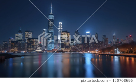 City skyline at night with skyscrapers illuminated City skyline at night with skyscrapers illuminated 130708696