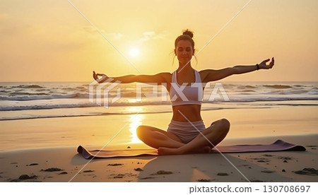 Woman Practicing Yoga On Beach At Sunrise Woman Practicing Yoga On Beach At Sunrise 130708697