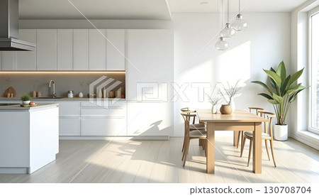 Minimalist Modern White Kitchen With Wooden Table 130708704