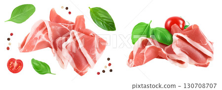 Italian prosciutto crudo or spanish jamon. Raw ham isolated on white background with full depth of field. Top view. Flat lay 130708707