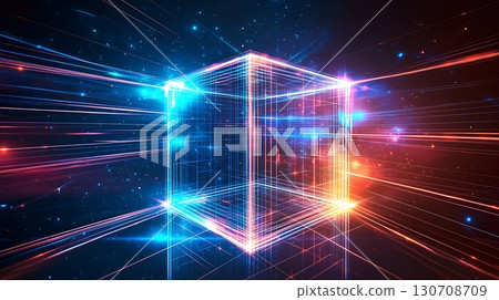 A cube is lit up with blue and red lights 130708709