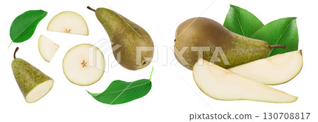 Green conference pear isolated on white background with full depth of field, Top view. Flat lay Green conference pear isolated on white background with full depth of field, Top view. Flat lay 130708817