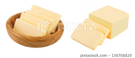 butter slices in wooden bowl isolated on white background with full depth of field 130708820