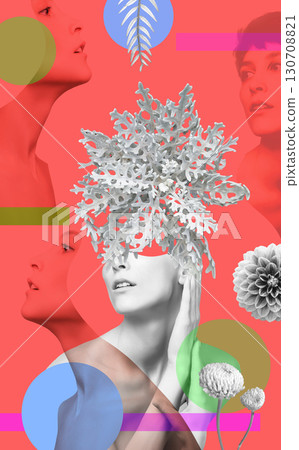 Abstract contemporary art design or portrait of young woman with flowers 130708821