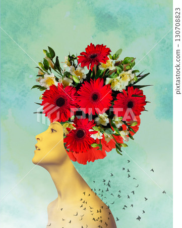 Abstract contemporary art design or portrait of young woman with flowers on face hides her eyes 130708823