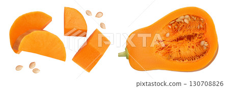 butternut squash slice isolated on white background with full depth of field. Top view. Flat lay butternut squash slice isolated on white background with full depth of field. Top view. Flat lay 130708826