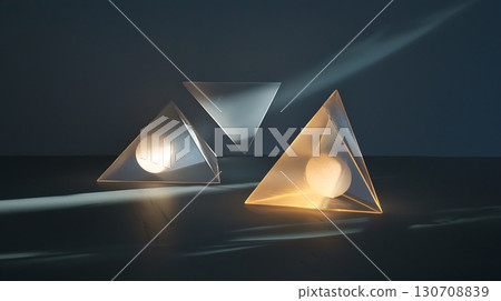 Three triangular glass sculptures with a light bulb inside Three triangular glass sculptures with a light bulb inside 130708839