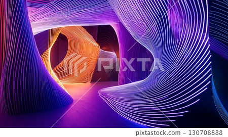 A room with a purple and orange light show 130708888