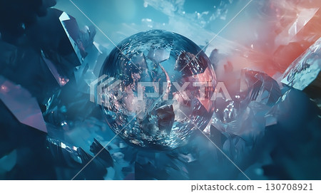 A blue and purple sphere with a lot of small pieces of glass surrounding it A blue and purple sphere with a lot of small pieces of glass surrounding it 130708921