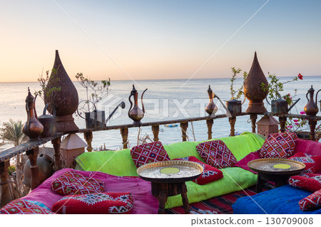 Vintage Arabic oriental cafe. Place to relax on beach Ras Umm El Sid of Red Sea. Sharm El Sheikh, Egypt. High quality photo 130709008