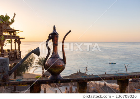 Vintage Arabic oriental cafe. Place to relax on beach Ras Umm El Sid of Red Sea. Sharm El Sheikh, Egypt. High quality photo 130709026