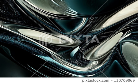 A black and white abstract painting with a silver and white swirl 130709069