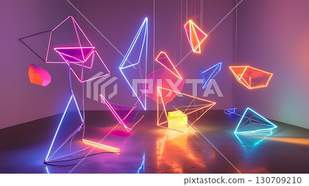 A room with neon lights and shapes hanging from the ceiling 130709210