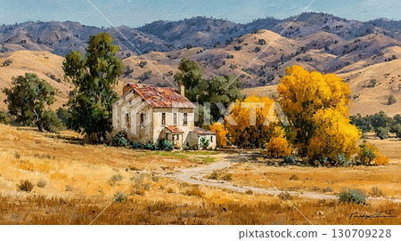 A tranquil landscape featuring rolling hills, bathed in soft, golden light 130709228