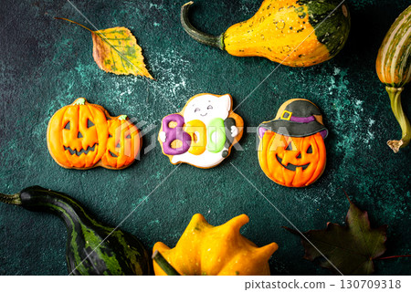 Halloween cookies in shape of ghost, jack-o-lantern and skull 130709318
