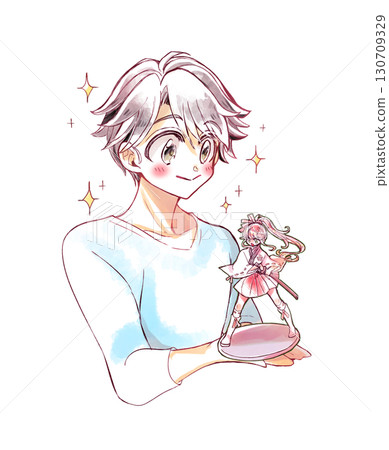 Smiling man holding a figurine Smiling man holding a figurine 130709329