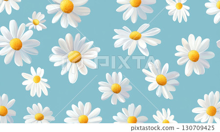 A pattern of white daisies with yellow centers on a light blue background. The daisies are scattered across the image, creating a cheerful and bright floral design. 130709425