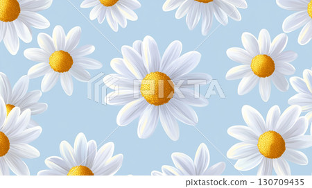 A pattern of white daisies with yellow centers on a light blue background. The daisies are scattered across the image, creating a cheerful and bright floral design. 130709435