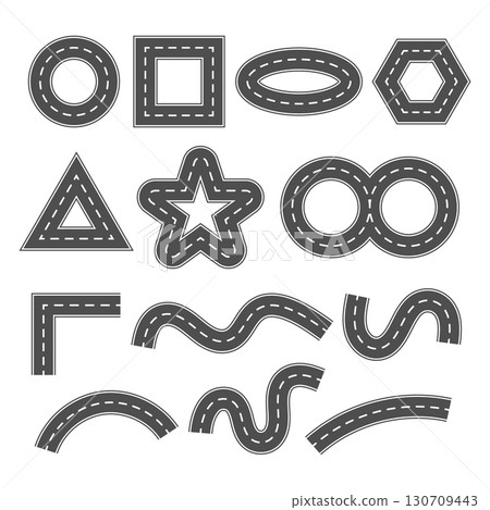 Collection of Curved Straight and Geometric Road Shapes. This vector illustration presents a unique set of roads designed in various shapes and directions. Collection of Curved Straight and Geometric Road Shapes. This vector illustration presents a unique set of roads designed in various shapes and directions. 130709443