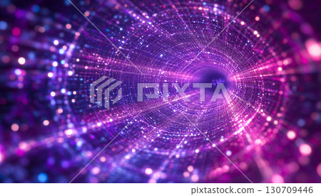 A vibrant, futuristic tunnel with glowing pink and blue lights creates a sense of depth and motion, resembling a sci-fi wormhole or digital data stream. 130709446