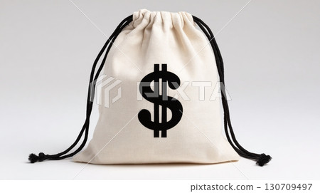 Bag with a printed symbol. Represents financial concepts, wealth, or earnings. Simple design for various uses such as a money sack or savings illustration. Bag with a printed symbol. Represents financial concepts, wealth, or earnings. Simple design for various uses such as a money sack or savings illustration. 130709497