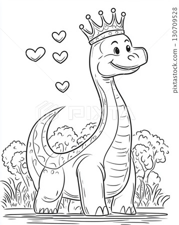 A cartoon dinosaur wearing a crown standing on grass, surrounded by hearts and bushes in the background. The dinosaur has a long neck, a smiling face, and spots on its back. 130709528