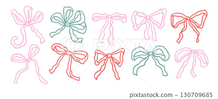 Set of hand drawn coquette bows. Bow and ribbon for wedding, birthday, gift, Christmas cards, poster, frames. Hand drawn linear whimsy vector elements 130709685