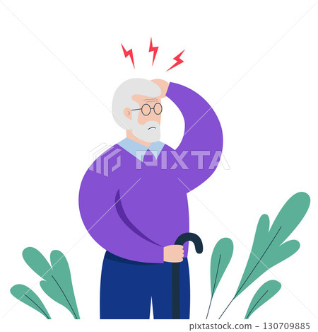Aged man suffering from headache, holding head with hands. 130709885