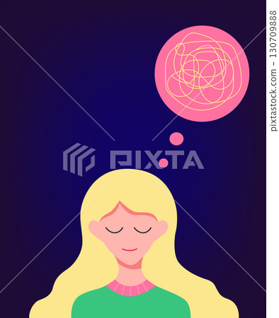 Frustrated woman suffers from migraine, stress, memory loss. 130709888