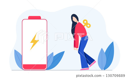 Tired Woman Beside Battery Icon Symbolizing Burnout 130709889